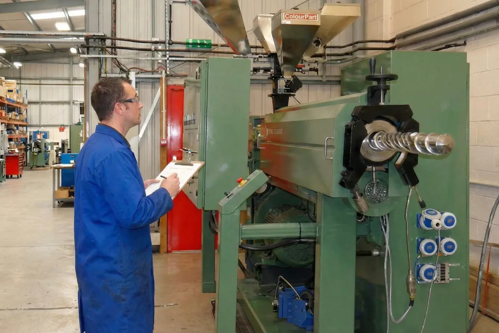 Man and clicpboard with new extrusion machine