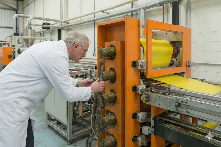 Engineer adjusting sheet plastic machine